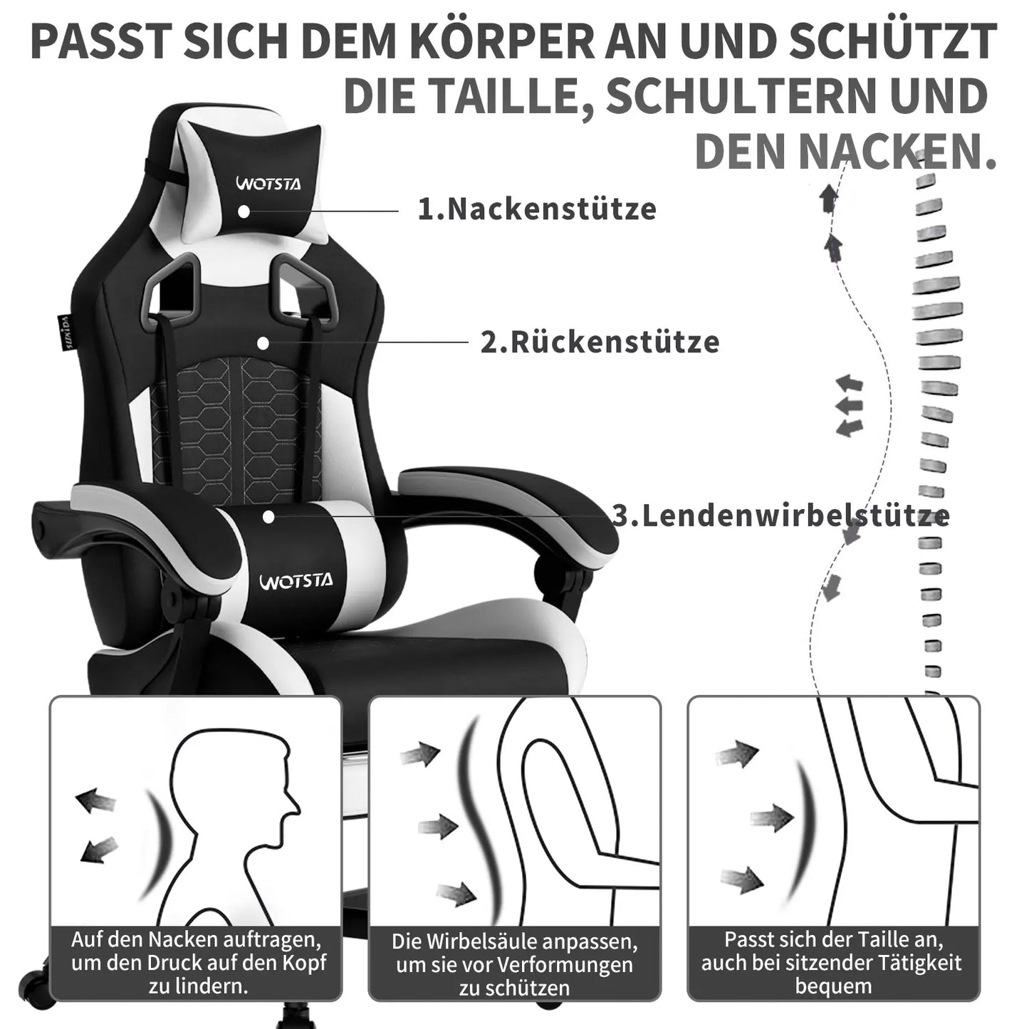 SUKIDA Ergonomischer Racing-Gaming-Stuhl, verstellbar, drehbar, mit Kopfstütze und Lordosenstütze für Büro und Gaming