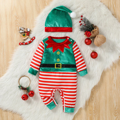 2 Stück Weihnachten Baby Unisex Overall Neugeborene süße gestreifte Kleidung Herbst Winter Jungen Mädchen Rundhals ausschnitt Langarm Bodysuit Hut.