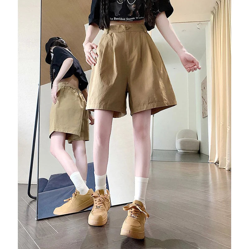 2025 Summer Women Casual Daily Khaki Short Pants Female High Waisted Cargo Shorts Girls Retro Baggy Wide Leg Slacks.