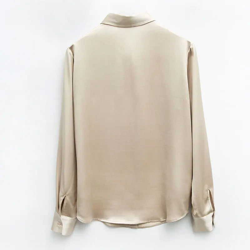 Women's French Style High Quality 40 MM Heavy Office Lady Solid Satin Silk Long Sleeve Shirt Ladies' Blouse.