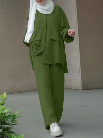 Frauen Casual Muslimischen Anzug Solide Abaya Eid Ramadan Langarm Bluse + Hosen 2-teiliges Set Dubai Türkei Kaftan Frauen islamische Kleidung.