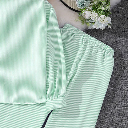 Spring Hot Sale Kids Outfit 4-12 Years Girls Striped Long Sleeve Chemise + Casual Loose Straight Leg Pants Shirt Suit 2Pcs Set