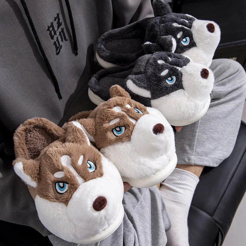 Women Indoor Cotton Slippers Cute Cartoon Dog Winter Warm Shoes Couples Home Floor Slides Anti-slip  Female Male House Footwear.
