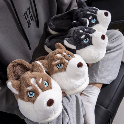 Women Indoor Cotton Slippers Cute Cartoon Dog Winter Warm Shoes Couples Home Floor Slides Anti-slip  Female Male House Footwear.