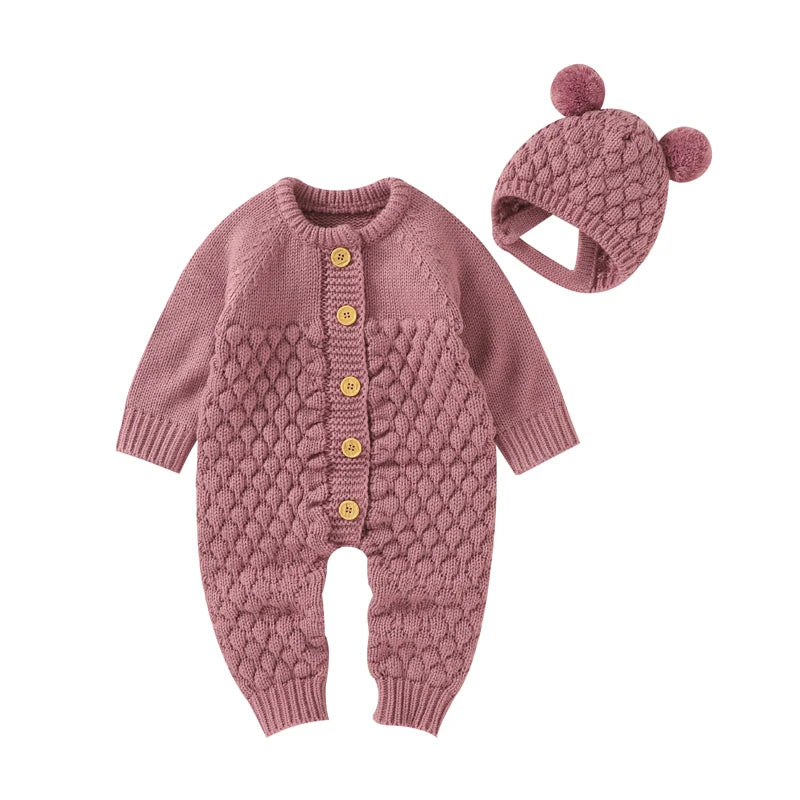 Autumn Baby Rompers Solid Long Sleeve Knitted Newborn Boys Girls Winter Outwear Jumpsuits Hats Clothes Sets 0-18m Infant Outfits