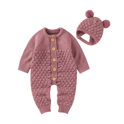 Autumn Baby Rompers Solid Long Sleeve Knitted Newborn Boys Girls Winter Outwear Jumpsuits Hats Clothes Sets 0-18m Infant Outfits