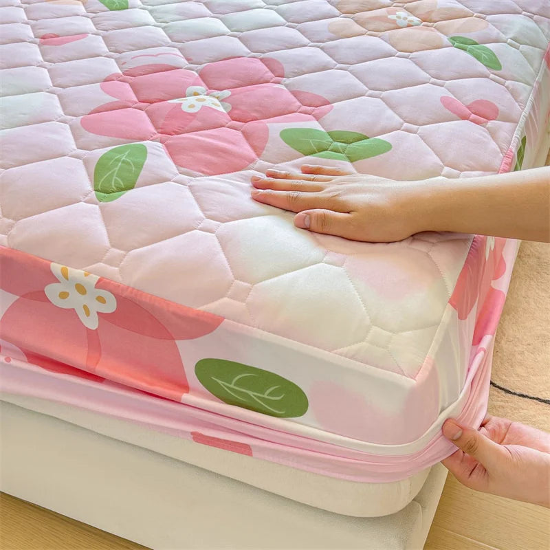 1pc Quilted Bed Cover Floral Style Bedspread Thicken Soft Bed Linen Elastic Mattress Protector cubre colchón (No Pillowcase).