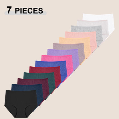 7Pcs Women's Cotton Panties Solid Color Plus Size Briefs Female Mid Waist High Elastic Underwear Cozy Breathable Lingerie S-2XL.