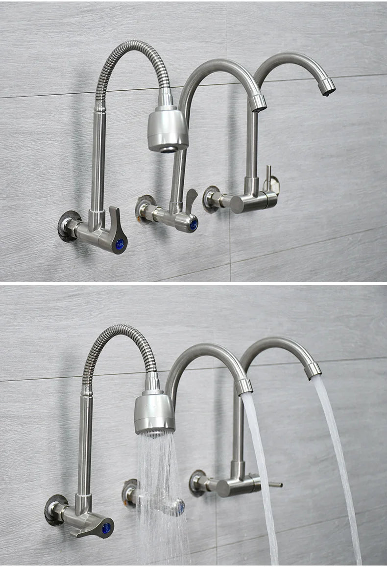 Kitchen Stainless Steel Faucet Wall Mounted Rotate Single Cold Water Sink Tap Household Kitchen Universal Faucet
