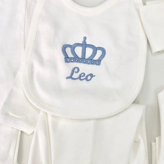 10-teiliges blaues 100 % Baumwollgewebe, gestrickt, Großhandel, individuell gestaltet, Neugeborene, neues Design, Winterkleidung, Kleidung, Luxus-Baby-Strampler-Set.