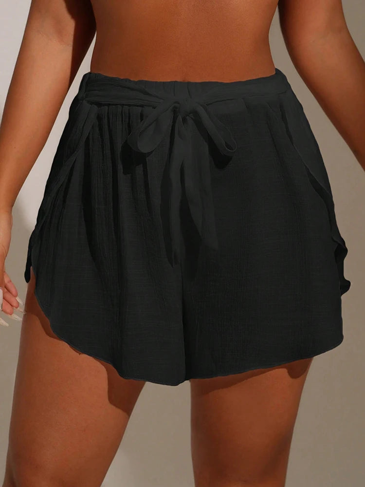 Cover Pants Ups Wrap Up Shorts Swimsuit Cover Ups Casual Hollow Out Frenulum Elastic Waist Short Pants Lounge Shorts Swimwear.