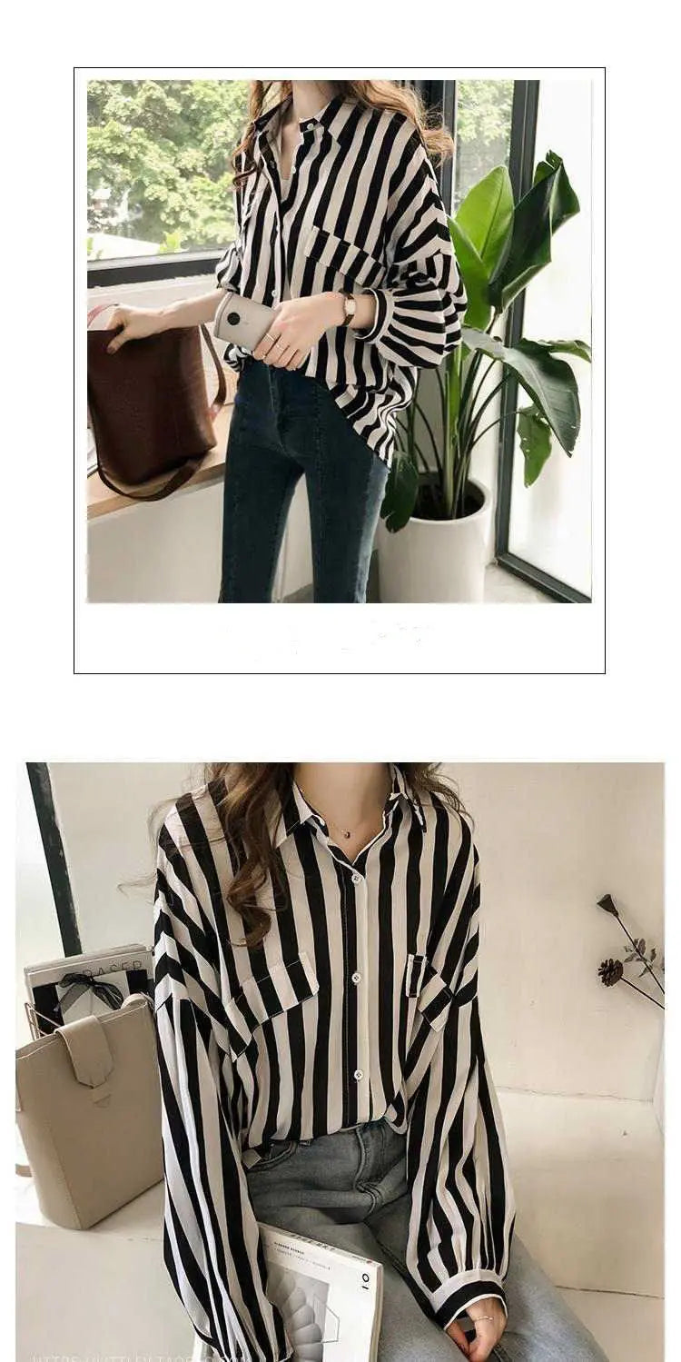 1pcs Woman Spring Autumn Stripe Shirts Lady Casual Long Sleeve Turn-down Collar Loose Shirt Female Chiffon Temperament Tops.