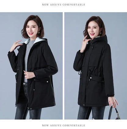 Fleece-gefütterte Kapuze, Daunenjacke, Wintermantel für Damen, warme, mit Kordelzug gepolsterte Parkas, mittellanger Mantel, Streetwear, gepolsterte Kleidung