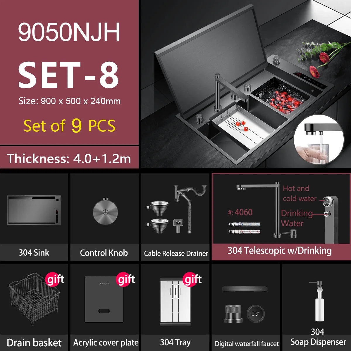 ASRAS Kitchen Sink Stainless Steel Nano Grey Kitchen Sink with Built-in Food Purifier, Hidden Cover & Adjustable Lift Faucet