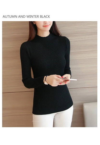 2025 herbst Frauen Mock Neck Rüschen Pullover Langarm Gestrickte Bodenbildung Solide Pullover Streifen Frauen Casual Pullover Winter.