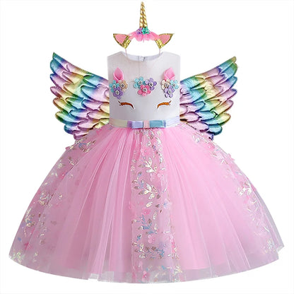 2023 Neues Regenbogen-Einhorn-Kleid für Mädchen, besticktes Tanzkleid, Halloween-Performance-Kleidung, Kinderkleidung, 3–10 Jahre alt