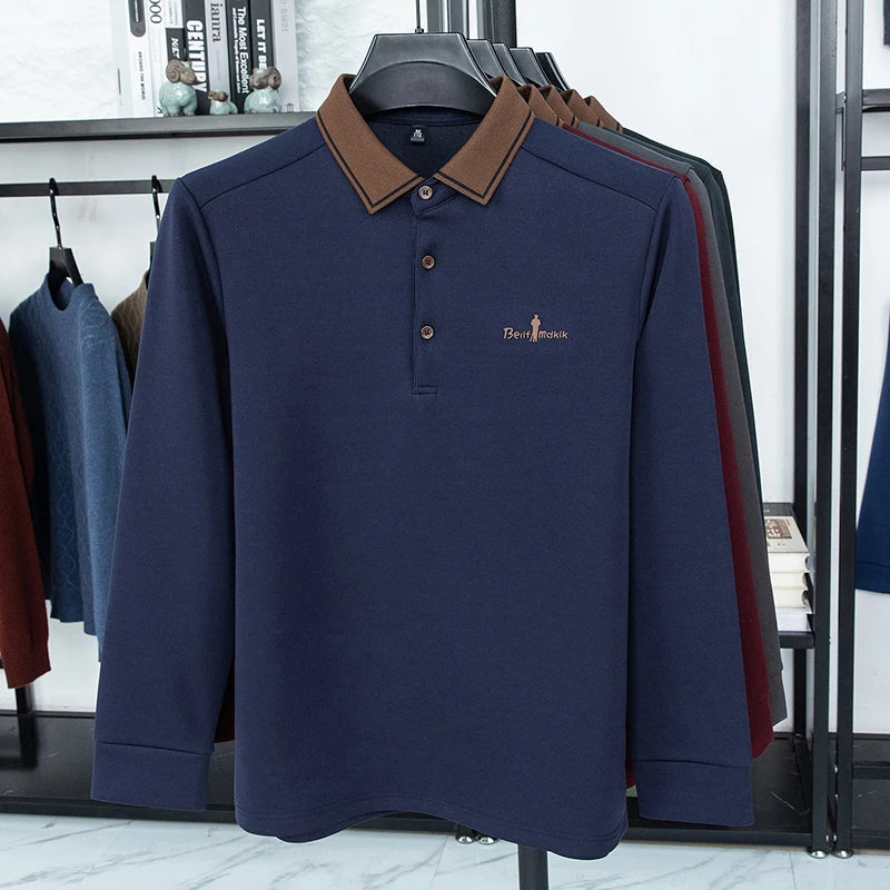 Men's Polo Shirt Long Sleeve Luxury Brand Autumn Winter Lapel Collar Button Business Casual Classic Office Warm T-shirt Menswear.