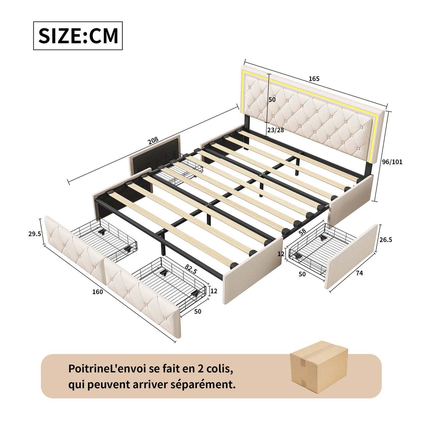 Rosahqnda Modernes Kunstlederbett mit Schubladen, stilvolles Doppelbett aus Kunstleder mit Stauraum, ohne Matratze