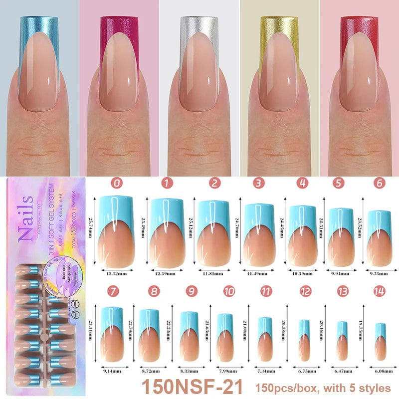 150Pcs/Box Acrylic Press on Nails Full Cover Fake False Tips Soft Gel Extension T-shaped Oval Capsule Almond Sculpted Salon DIY