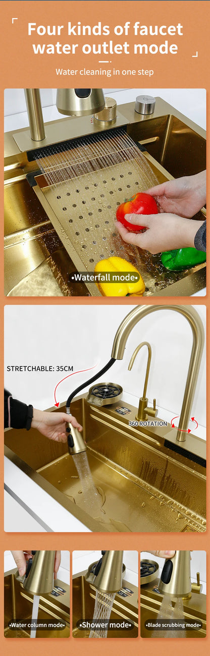 YCRAYS Golden Nano Multifunctional Kitchen Sink 4 Mode Waterfall Faucet Large Single Bowl Soap Dispenser Pure Tap Cup Washer