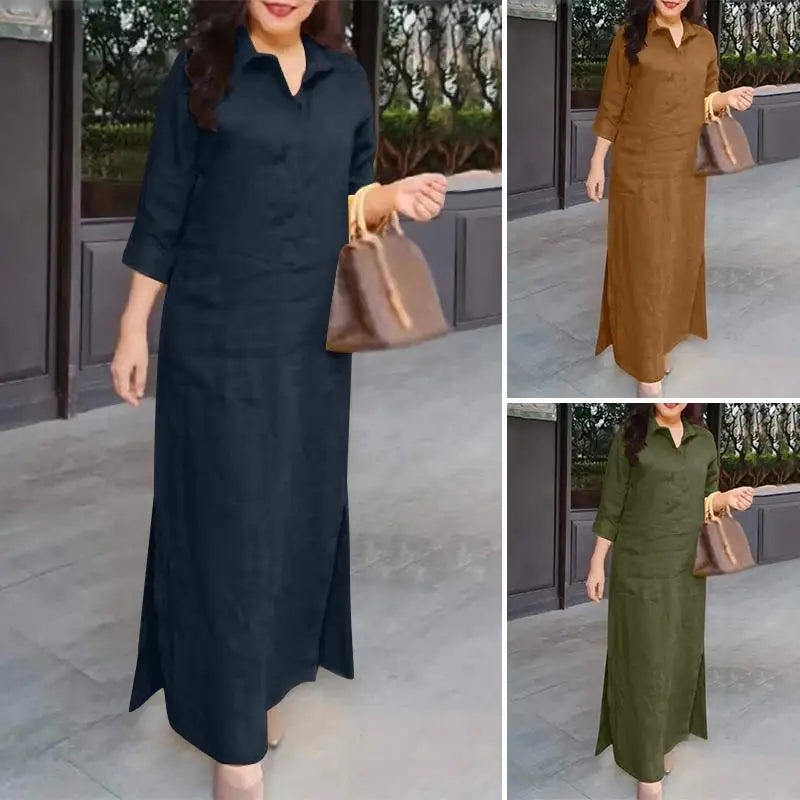 Zanzea Mode Frühling Revers Hals 3/4 Ärmel solide Kaftan Sommerkleid elegante Frauen langes Hemd Kleid Robe Femme Arbeit Party Vestido.