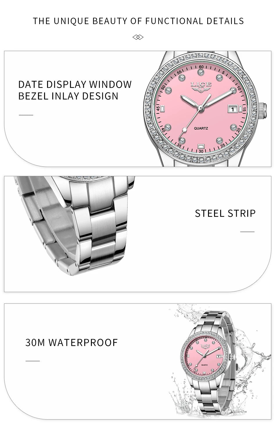 LIGE 2025 Diamond Women's Watch Fashion Elegant Quartz Wristwatches Waterproof Steel Strap Watch For Ladies Gifts Reloj Mujer.
