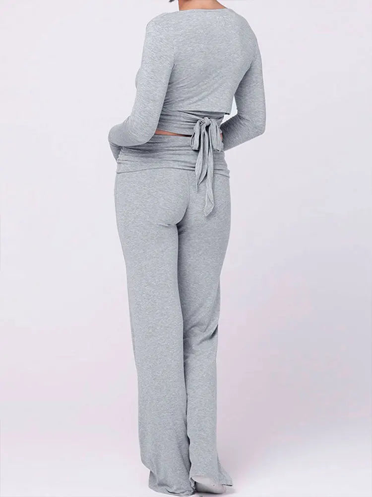 Spring New Women's T-shirt Pants 2 Piece Set Streetwear Fashion Long Sleeves Lace-up Tees Casual Trousers Elegant Slim Clothing.