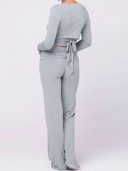 Spring New Women's T-shirt Pants 2 Piece Set Streetwear Fashion Long Sleeves Lace-up Tees Casual Trousers Elegant Slim Clothing.