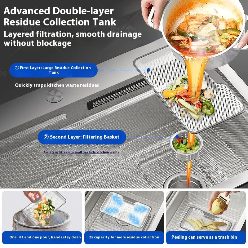 Silver 304 Stainless Steel Kitchen Sink Independent Waterfall Outlet Household Large Single Slot Wash Dish Bowl Undermount Basin