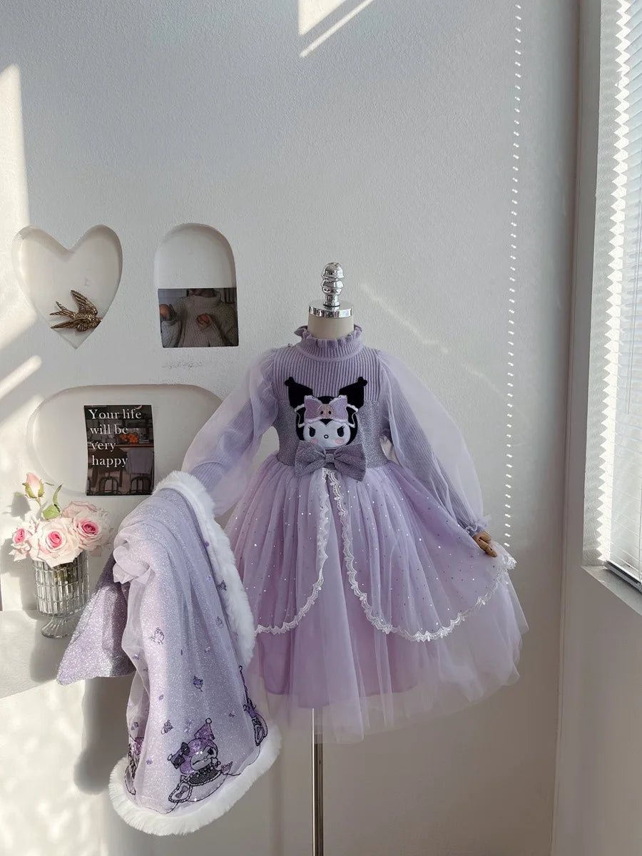 Anime Kuromi Lolita Kleid und Umhang Set Strickpullover Spleißen Mesh Prinzessin Kleid Partykleid Herbst Winter Urlaub Geschenk.