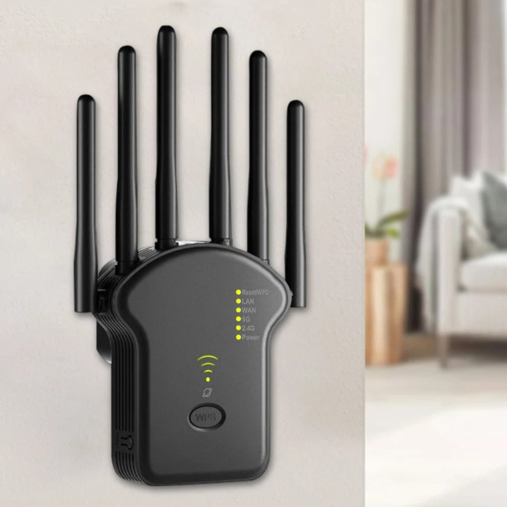 1200Mbps 5GHz Wireless WiFi Repeater WiFi Signal Booster Dual-Band 2.4G 5G WiFi Extender 6 Antenna Network Amplifier WPS Router.