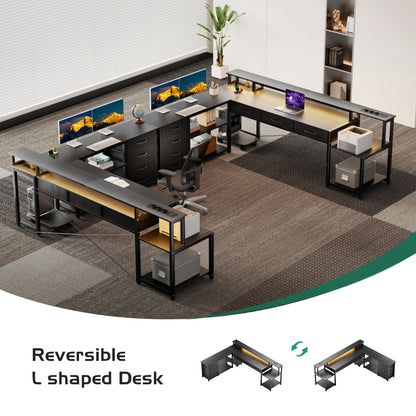 Schwarzer L-förmiger Schreibtisch mit LED Beleuchtung USB Steckdosen und Schubladen Gaming Computertisch 200cm