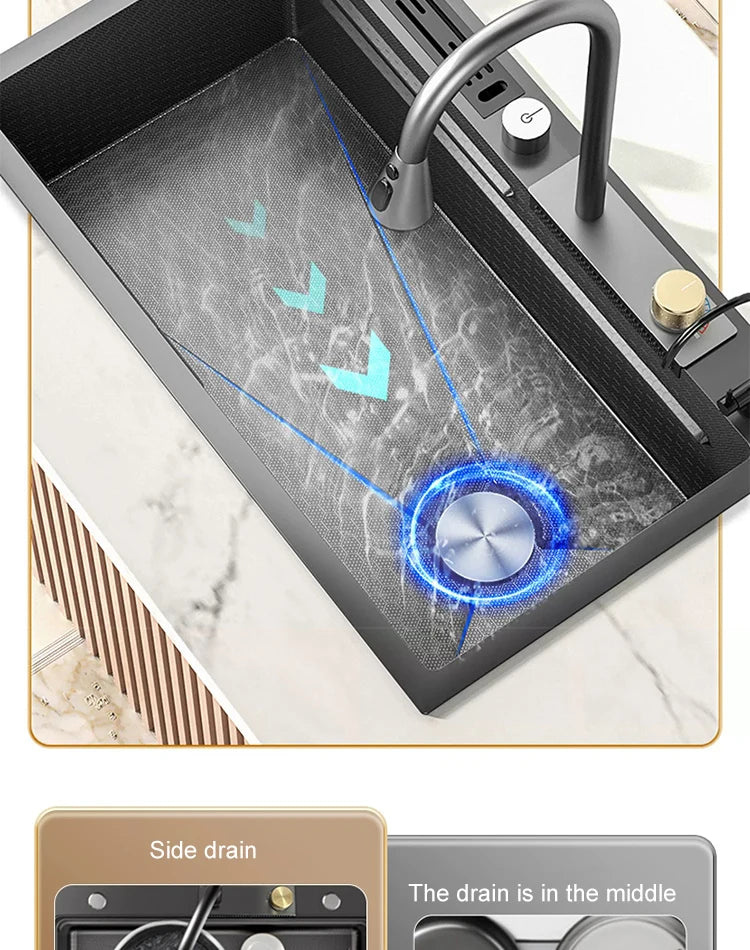 Large Single Slot Embossed Stainless Steel Waterfall Kitchen Sink  Household Wash basin Dishwashing  Sink For Kitchen