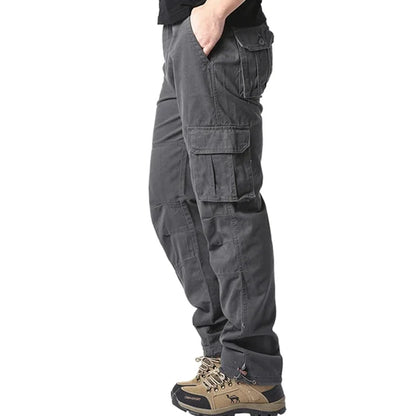 Solid Cotton Multi Flap Pockets Men's Straight Leg Cargo Pants, Loose Casual Outdoor Pants, Men's Work Pants Outdoors Streetwear.