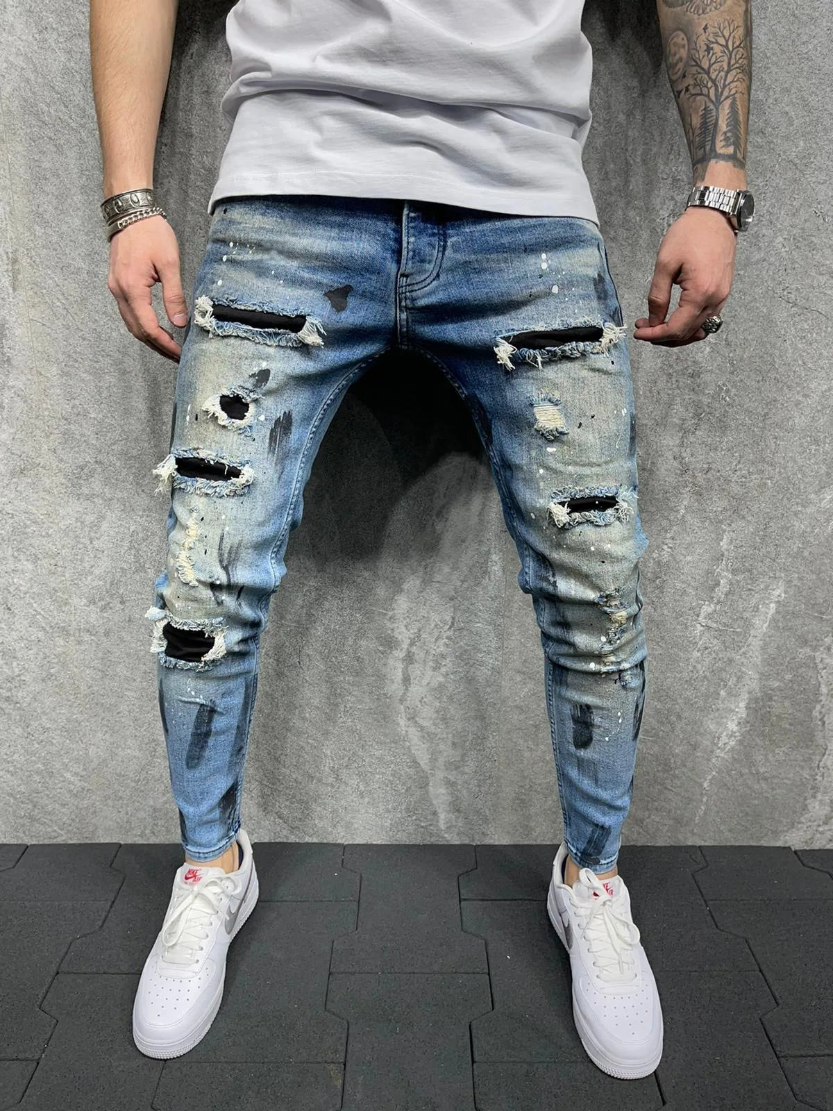 Slim-Fit-Jeans mit zerrissener Knöchelhose für Herren, bemalte Jeans.
