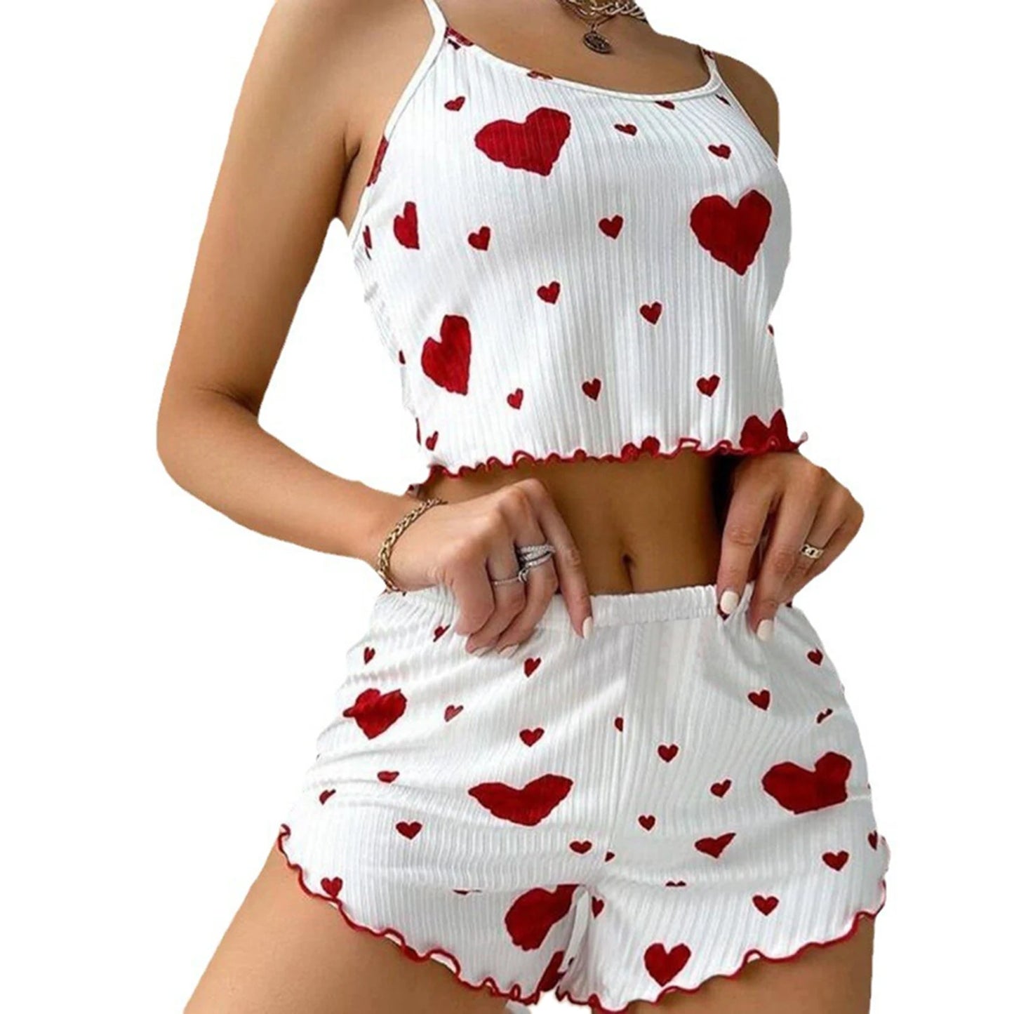 Sexy Herz Druck Pyjama Set Frauen Nachtwäsche Trendy Mode Lounge Tragen Nachtwäsche Zwei Stück Set Homewear Pyjamas