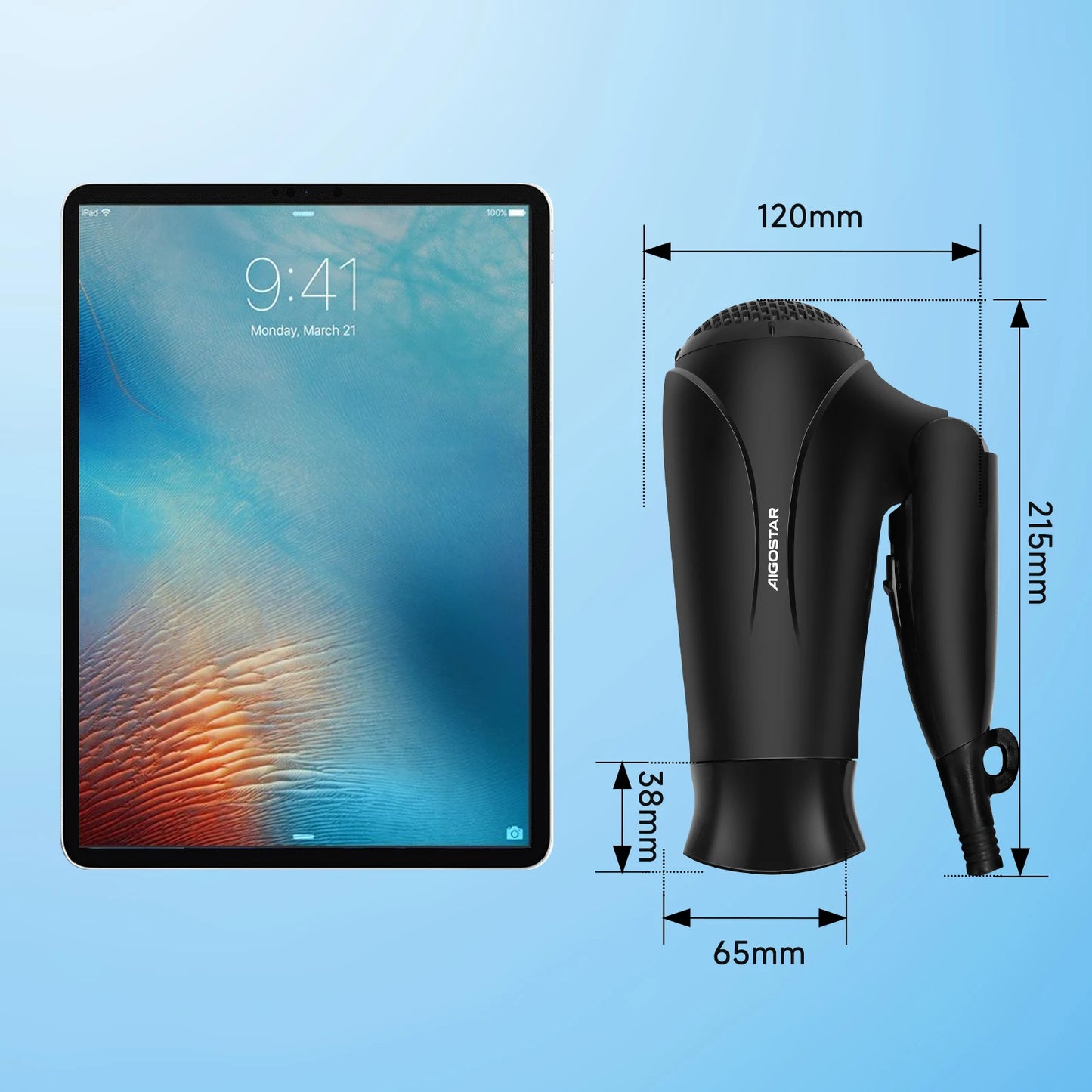 Aigostar Ionic Hair Dryer, Travel Hair Dryer with Foldable Handle, 2 Speeds and 3 Temperature Settings, 2400 W