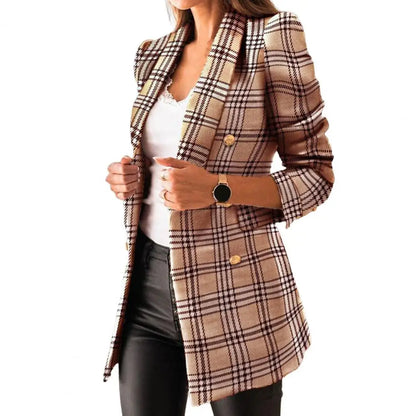 Frauen Herbst Blazer Revers Strickjacke Lange Ärmeln Doppel-breasted Slim Fit Warm Lässige Dick Plaid Print Lady Mantel für arbeit Jacke.