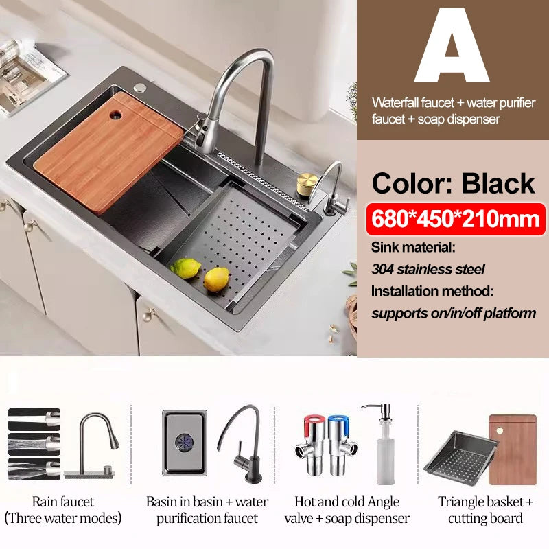 Kitchen Sink 304 Stainless Steel Rain Waterfall Single Trough Honeycomb Large Single Trough Washing Basin