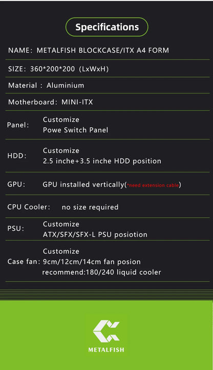 METALFISH ITX A4 Aluminum Open Frame Case, Vertical GPU, 240mm Cooler, Mini-ITX Compatible, DIY Gaming PC.