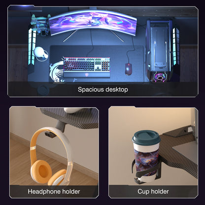 140 cm extra große dynamische RGB-LED-Leuchten, Gaming-Schreibtisch, robust, für Zuhause, Büro, PC, Computertisch, Gamer-Tisch, Metallbeine