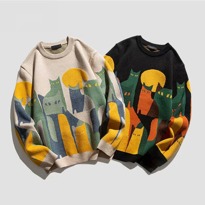 2023 Autumn Knitted Sweater Men Women Winter Harajuku Cartoon Full Cat Print Pullover Vintage Causal Loose Sweaters Streetwear.