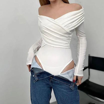 New Solid Sexy Off Shoulder Bodysuits Women Fashion Crossed Folds Skinny Rompers Long Sleeve Fashion Streetwear Autumn Bodysuits.