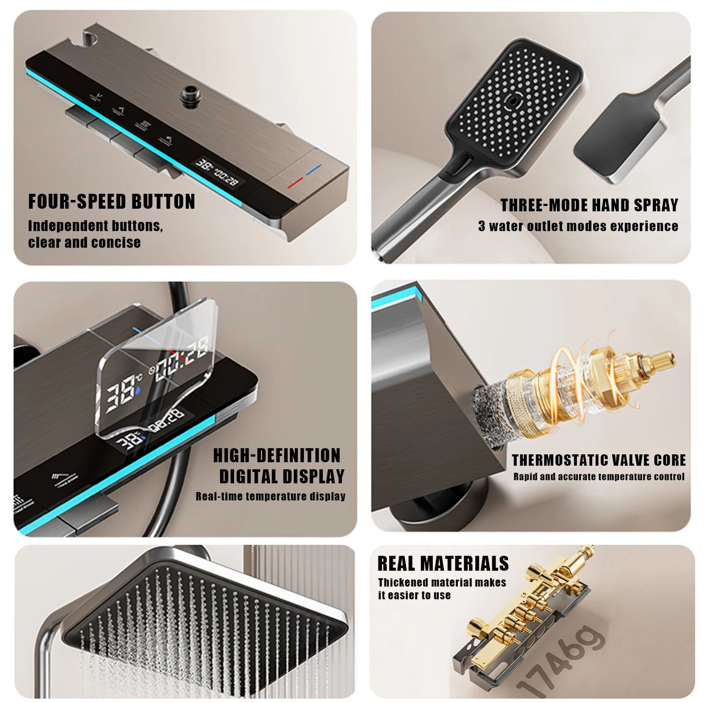 Bathroom Shower System LED Light Shower Head Set Brass Mirror Thermostatic Bathtub Faucet Digital Display Hot & Cold Showers