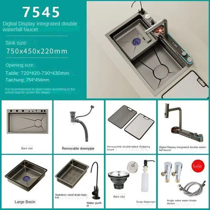 Digitalanzeige, Wasserfall, Einzelschlitz, Nano-Spüle aus Edelstahl 304, Geschirrspülen, Küche, multifunktionales Gemüsewaschbecken
