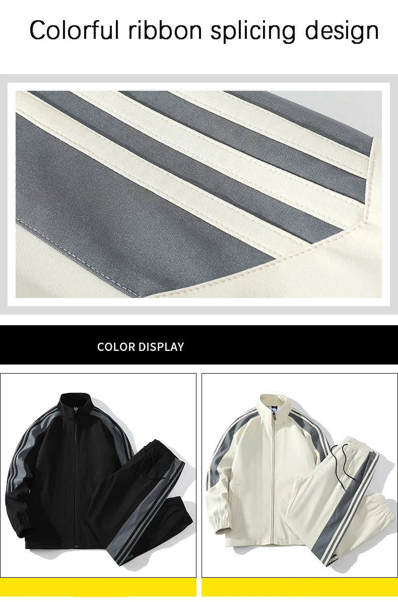 Sports suit men's  spring and autumn striped stand up collar jacket and pants paired with running and fitness two-piece set.