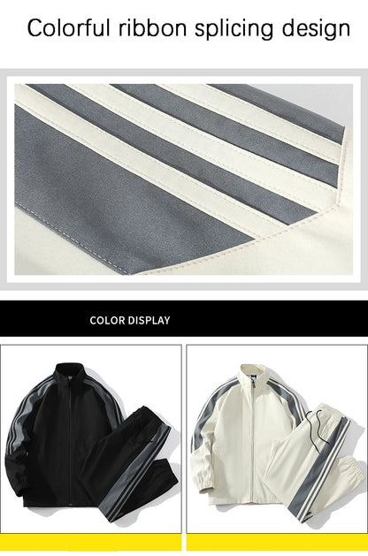 Sports suit men's  spring and autumn striped stand up collar jacket and pants paired with running and fitness two-piece set.