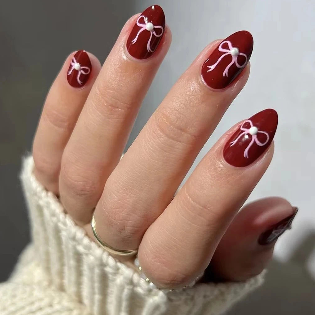 White Glitter Powder Bowknot Long Pointed Fake Nails Art Ballet False Nail Cow Print Pearl Rhinestone Pink Almond Press on Nails.