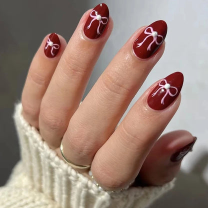 White Glitter Powder Bowknot Long Pointed Fake Nails Art Ballet False Nail Cow Print Pearl Rhinestone Pink Almond Press on Nails.