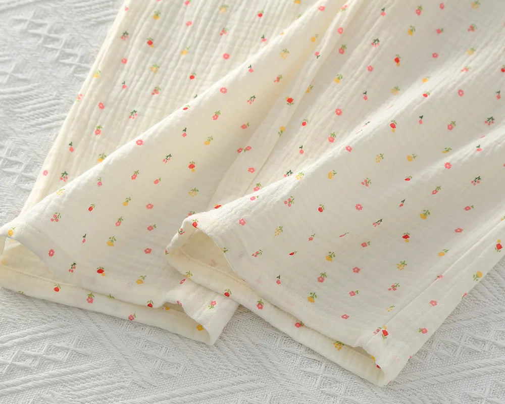 Pajamas pure cotton three-piece set spring and summer thin crepe autumn gauze lapel short-sleeved trousers shorts loungewear set.